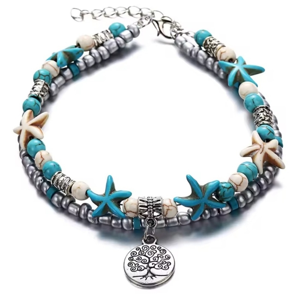 Turquoise and Silver Tree Of Life Anklet(Adjustable)
